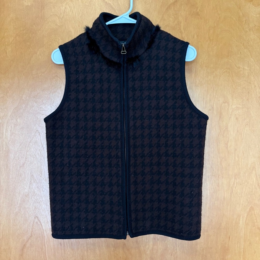 Tally Ho Womens Houndstooth‎ Fur Collar Zip Vest S Brown Black Wool Blend
